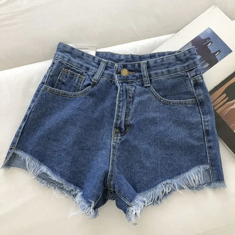 2025 New Summer Women High Wiast Raw Hem Denim Shorts Soild White Black Blue Korean Wide Leg Pants Mon Shorts  Jean Shorts