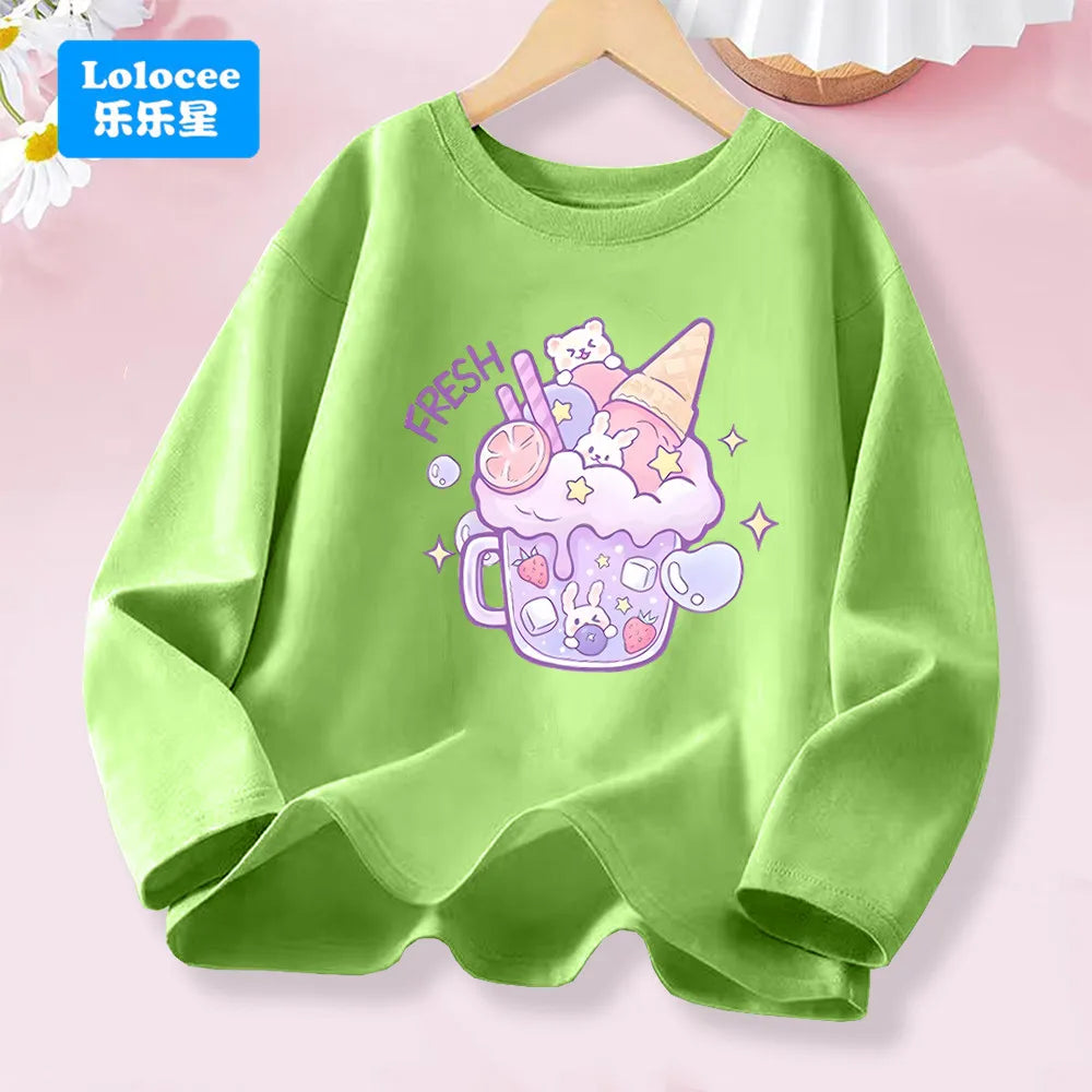 3-14years Girls' Pink Long Sleeve T-shirt - Cute "FRESH" Drink & Animal Print Kids Cotton Top 2026 Spring New
