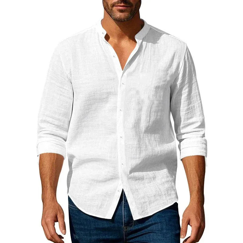 Cotton Linen Shirt for Men Henley Neck Solid Color Lightweight Breathable Slim Fit Single Breasted Shirt Long Sleeve Button Up