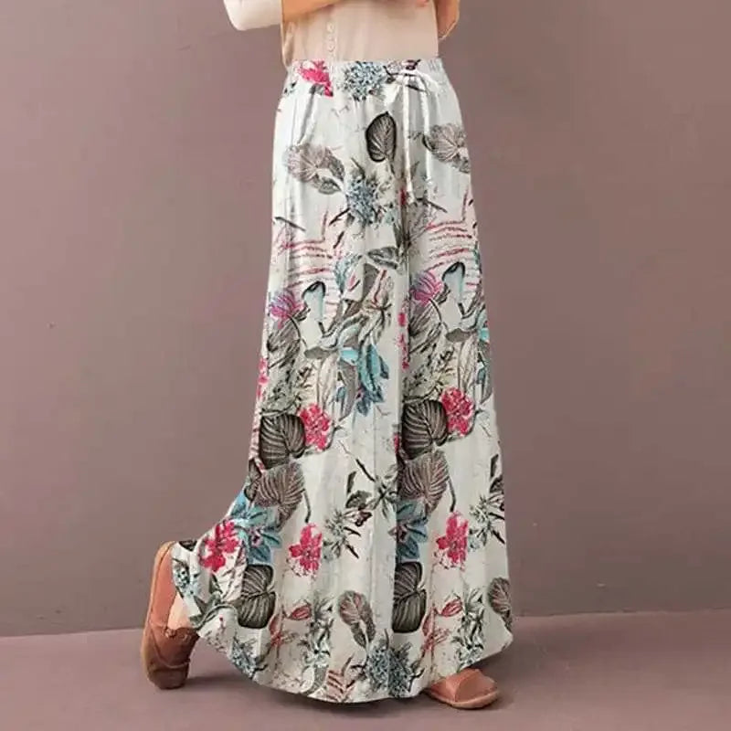 Floral Print Wide Leg Women Pants Spring Drawstring Bohemia Trousers Lady Casual Loose Elastic Waist Pantalonsw Plus Size