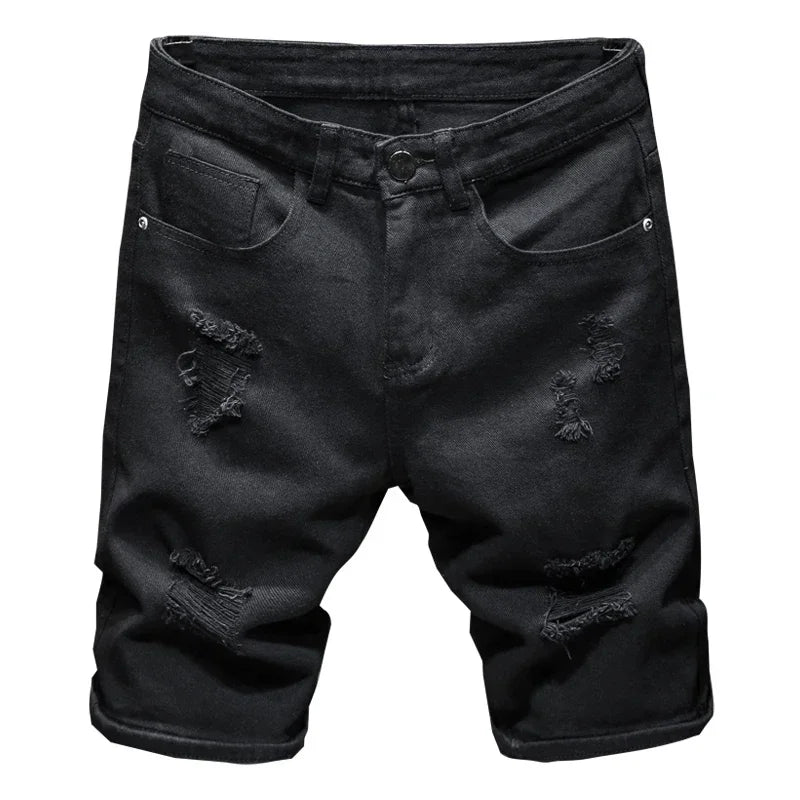 Streetwear Ripped White Denim Shorts Men New Fashion Knee Length Jeans Simple Casual Slim Hole Short Pants Male