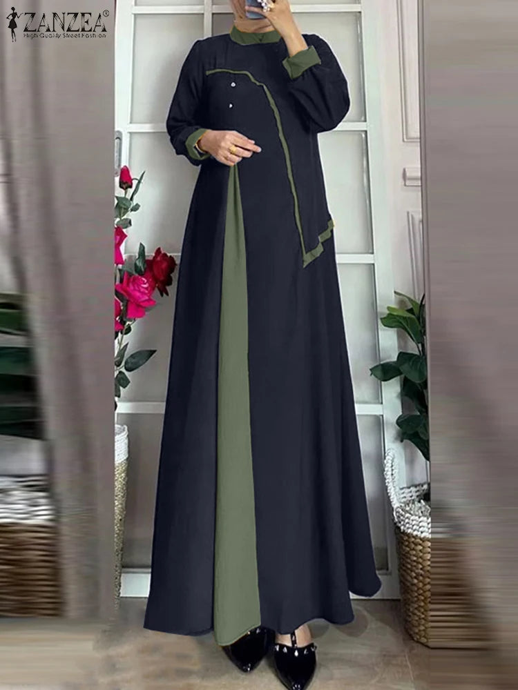 ZANZEA Women Vintage Patchwork Dress Robe Femme Islamic Clothing Ramadan Maxi Vestido Casual Long Sleeve Abaya Muslim Sundress