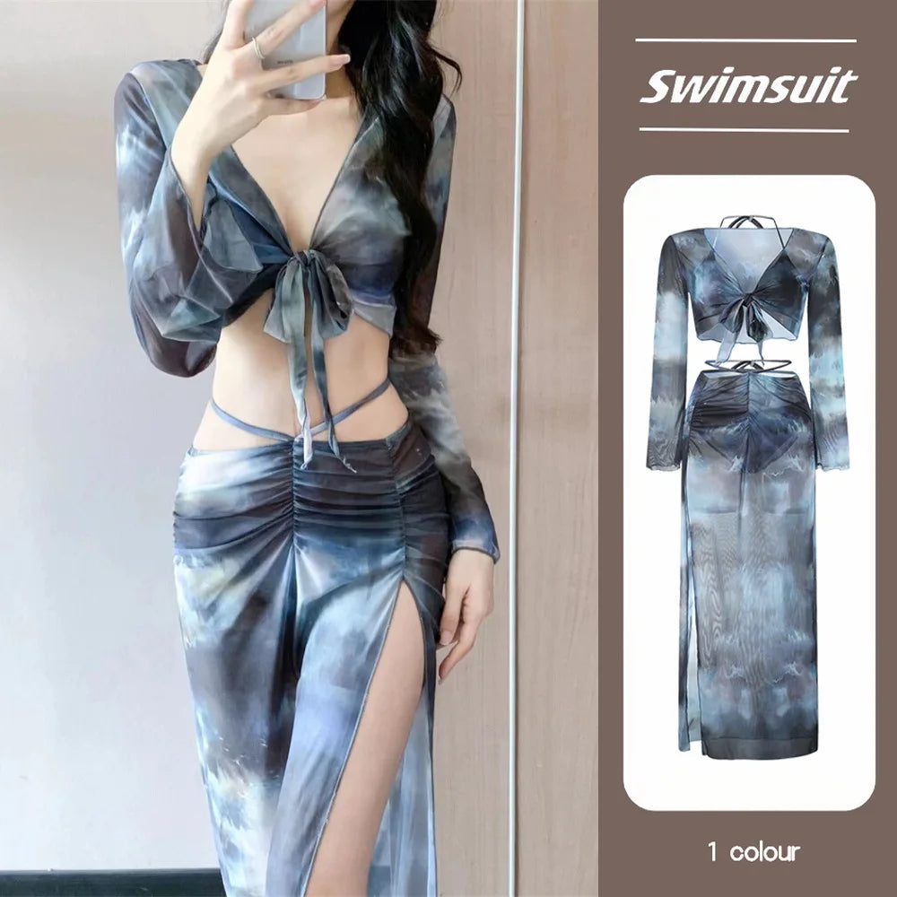 Bikini Swimsuit Women's Hot Sale Of The Season New Separate Four-piece Long Skirt Sexy Slimming Hot Spring Bathing Suit for V...