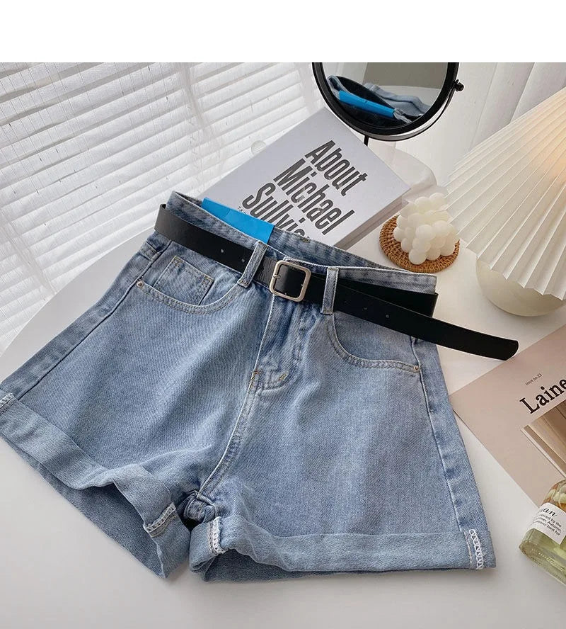 Summer Wide Leg High Waist Denim Shorts With Belt Women Korean Fashion Pocket Hot Pants Streetwear Casual Cowboy Jeans Shorts