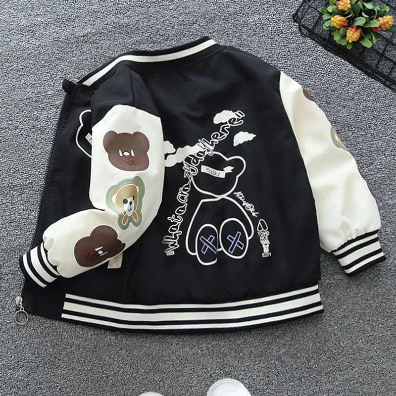 2025 Spring Autumn New Boys Girls Jacket Cartoon Bear Letter Print Baseball Uniform For 4-12 Years Children Sports Outerwear