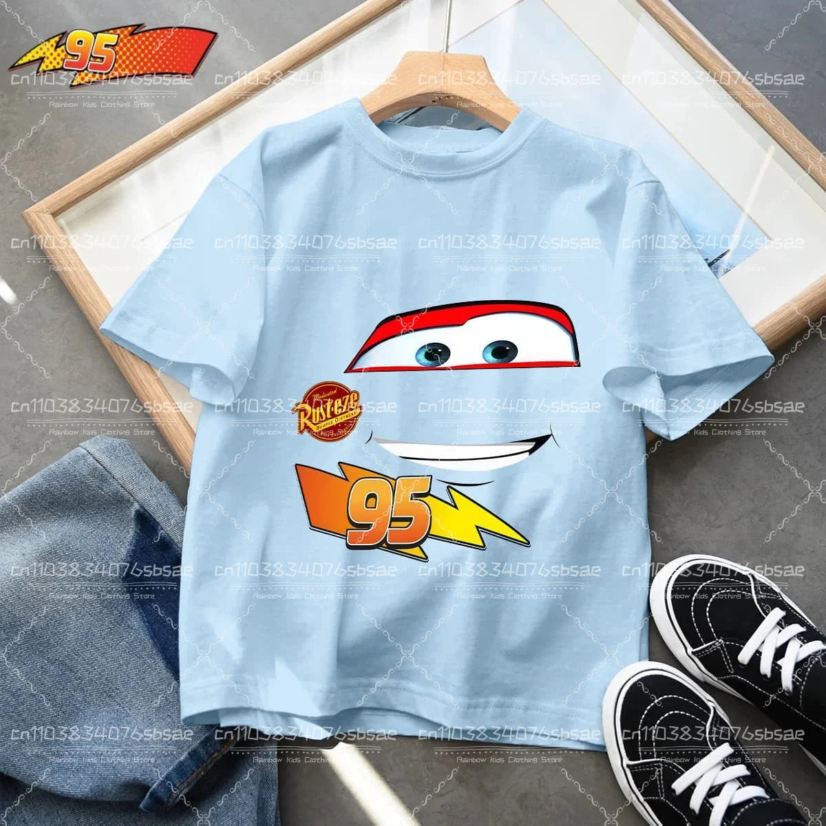2025 Disney Summer Kids T-shirt Short Sleeve Top Cartoon Cars Pixar Lightning McQueen Printed Boys Clothes Baby Tops 4-10 Years