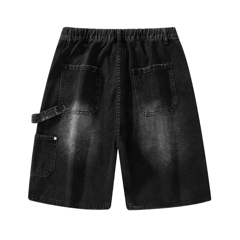Fashion Streetwear Men's Denim Shorts Summer Loose Vintage Harajuku Splicing Hip-hop Cargo Moto Short Jeans Black Blue