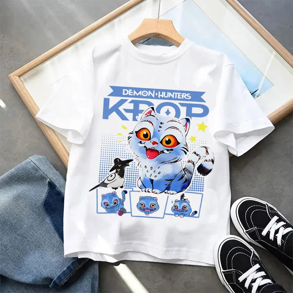 Summer Kpop Demon Hunters Children's Clothing Short Sleeve T-shirt Kpop Demon Hunters Tiger Harajuku Tshirt for Boys Girls Gift