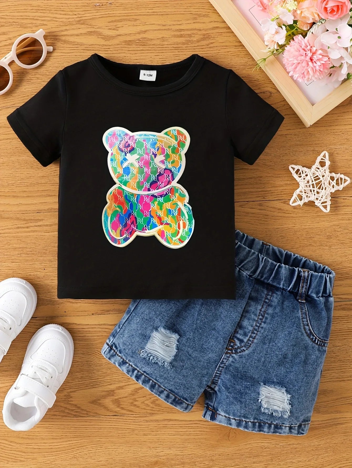 Aby Boys and Girls Summer Hot Painted Round Neck Short-sleeved Top Girls    Just T-shirts. Shorts not included