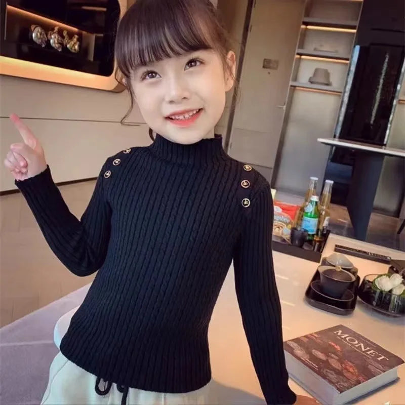 Girls Sweater Winter Decorative Buttons High Neck Solid Color Bottom Shirt Multicolour Children High Elasticity Knit Pullover
