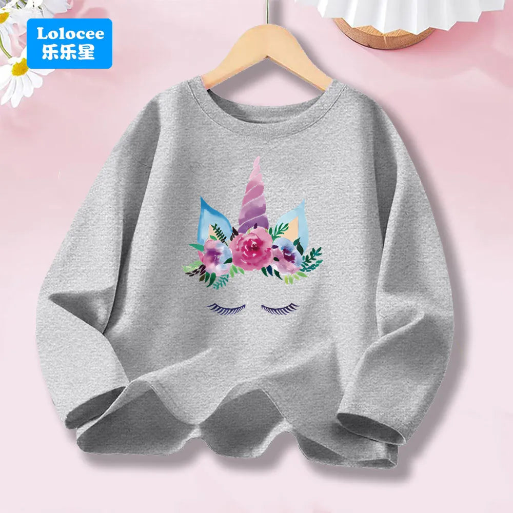 Girls Spring Autumn 8 colors Long Sleeve T-shirt Kids Floral Unicorn Graphic Tops Tee For Kids 3-14years DJSHH1