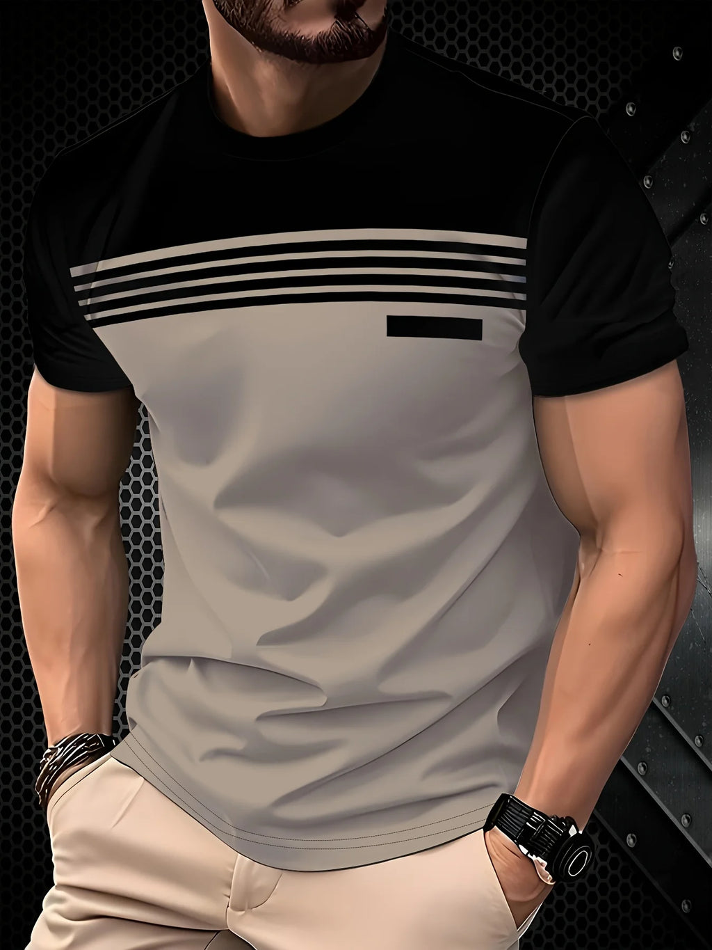 Fashionable men's summer new striped print comfortable breathable round neck T-shirt outdoor casual top