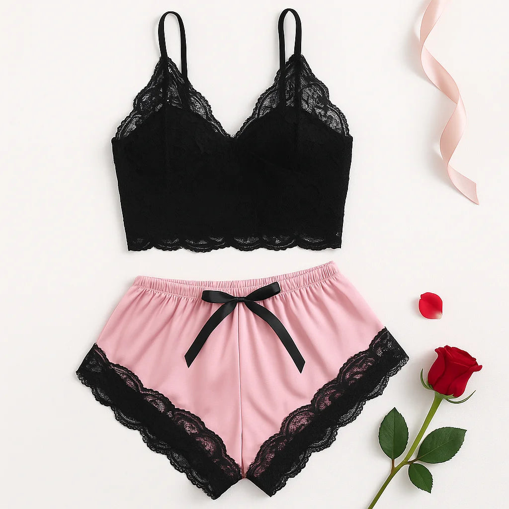 Women's 2 Piece Sexy Lace Pajama Set See