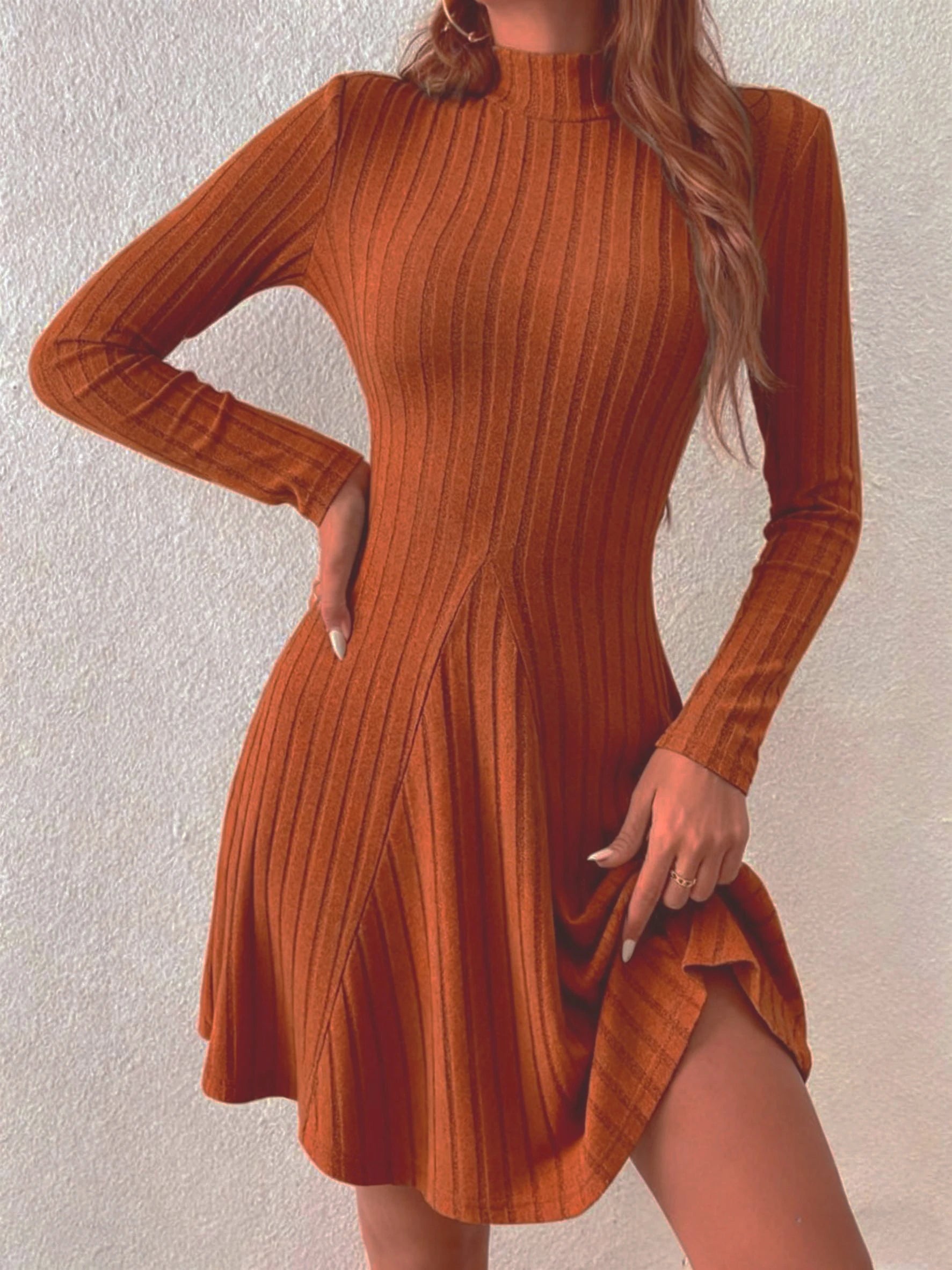 Women's slim fit half high collar waist cinched A-line skirt long sleeved pit stripe dress