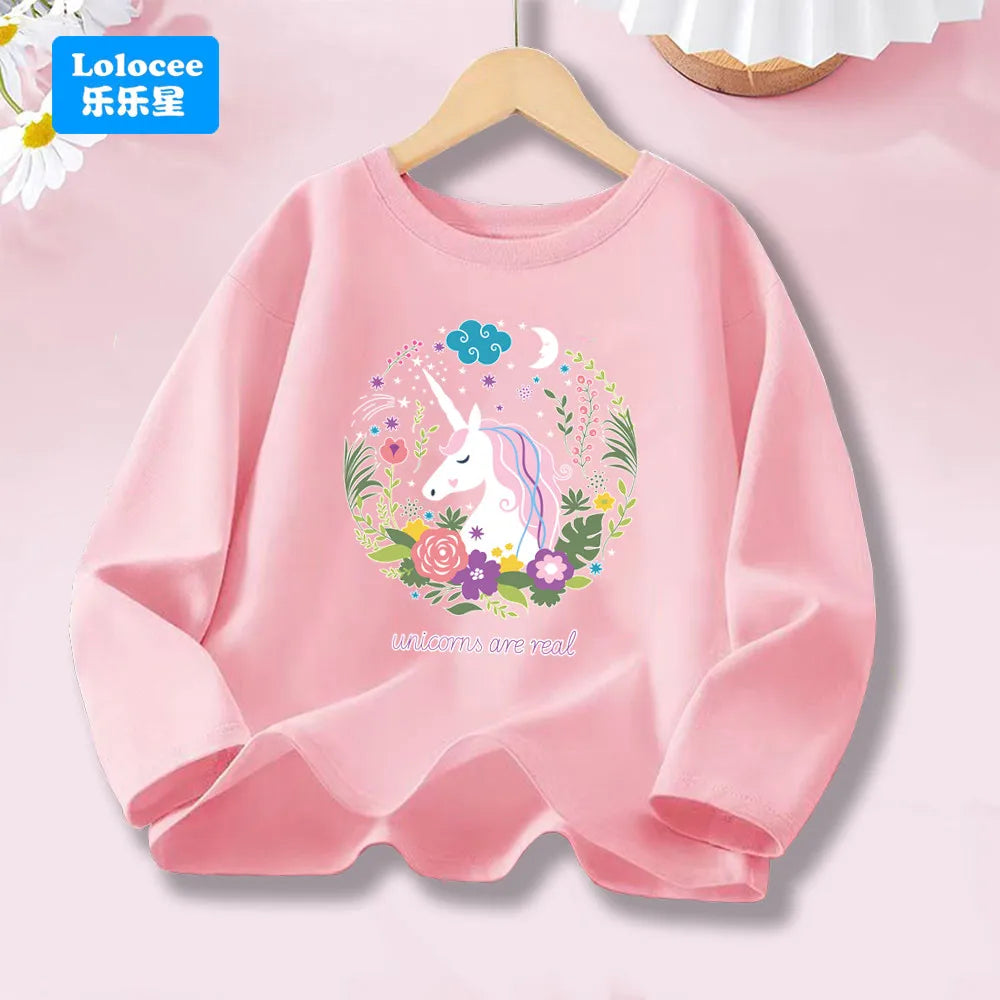 Girls Spring Autumn 8 colors Long Sleeve T-shirt Kids Floral Unicorn Graphic Tops Tee For Kids 3-14years DJSHH1