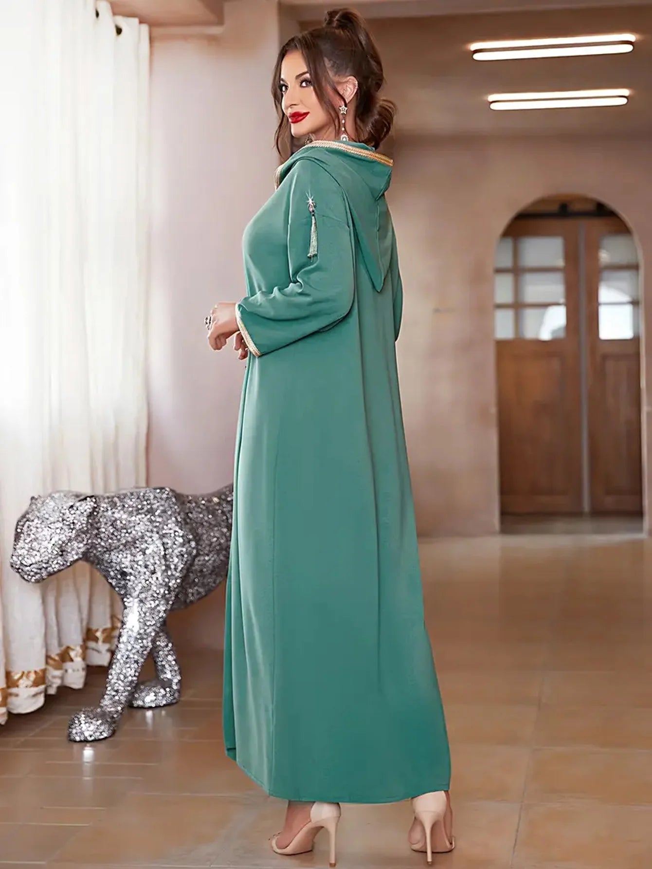 [Rhinestone Kaftan Dress] Elegant Rhinestone Hooded Kaftan Dress - Long Sleeve Ankle Length Women's Clothing