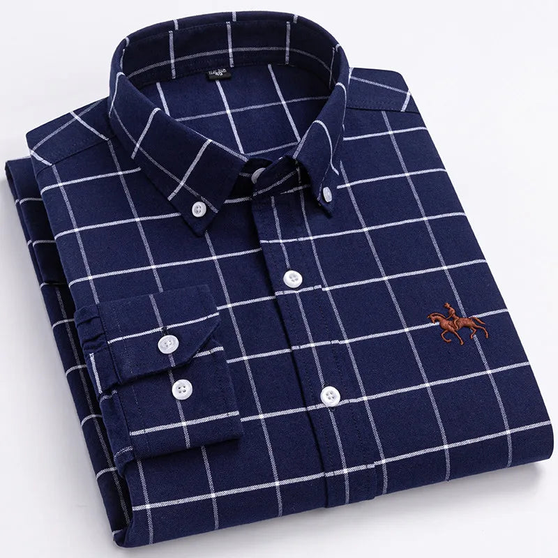 Basic Oxford Dress Shirt For Men Long Sleeve 100% Pure Cotton Solid  Casual Plaid Striped Social Business Male Regular-Fit S-6XL