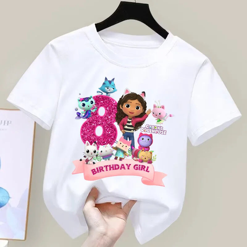 Gabbys Dollhouses Birthday Number T-shirt Girls White Pink Short Sleeve T-shirts Tops Cotton Summer Casual Party Supplies Tee