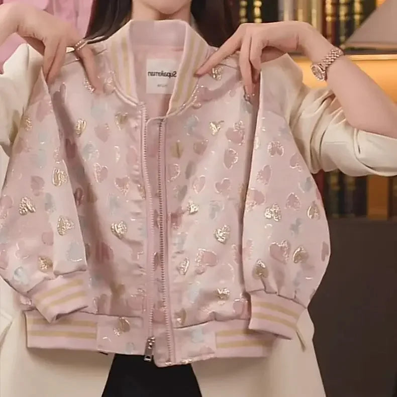 Girls' Chinese Style Embroidered Baseball Jacket - Autumn Jacquard Coat Windbreaker for Big Kids, Lightweight Vintage Outerwear