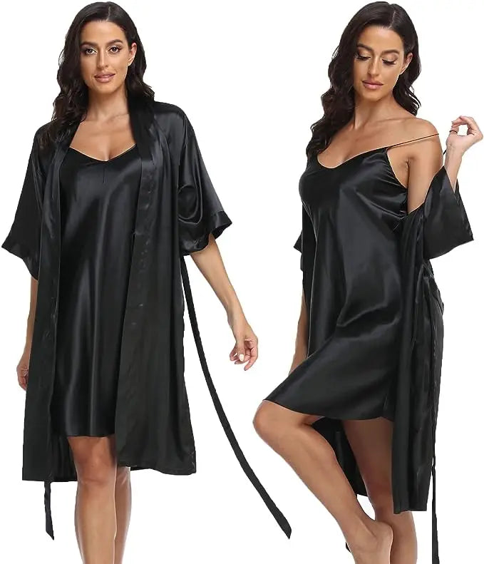 Women's Silk Satin Pajamas 2Pcs Sexy Silky Pj Robe Set with Chemise Nightgown