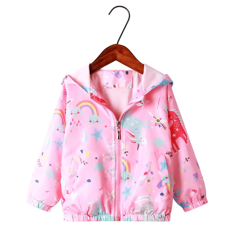 Spring Jacket for Girls Coats Hooded Unicorn Rainbow Pattern Baby Girls Clothes Outerwear Kids Windbreaker Autumn Girls Jackets