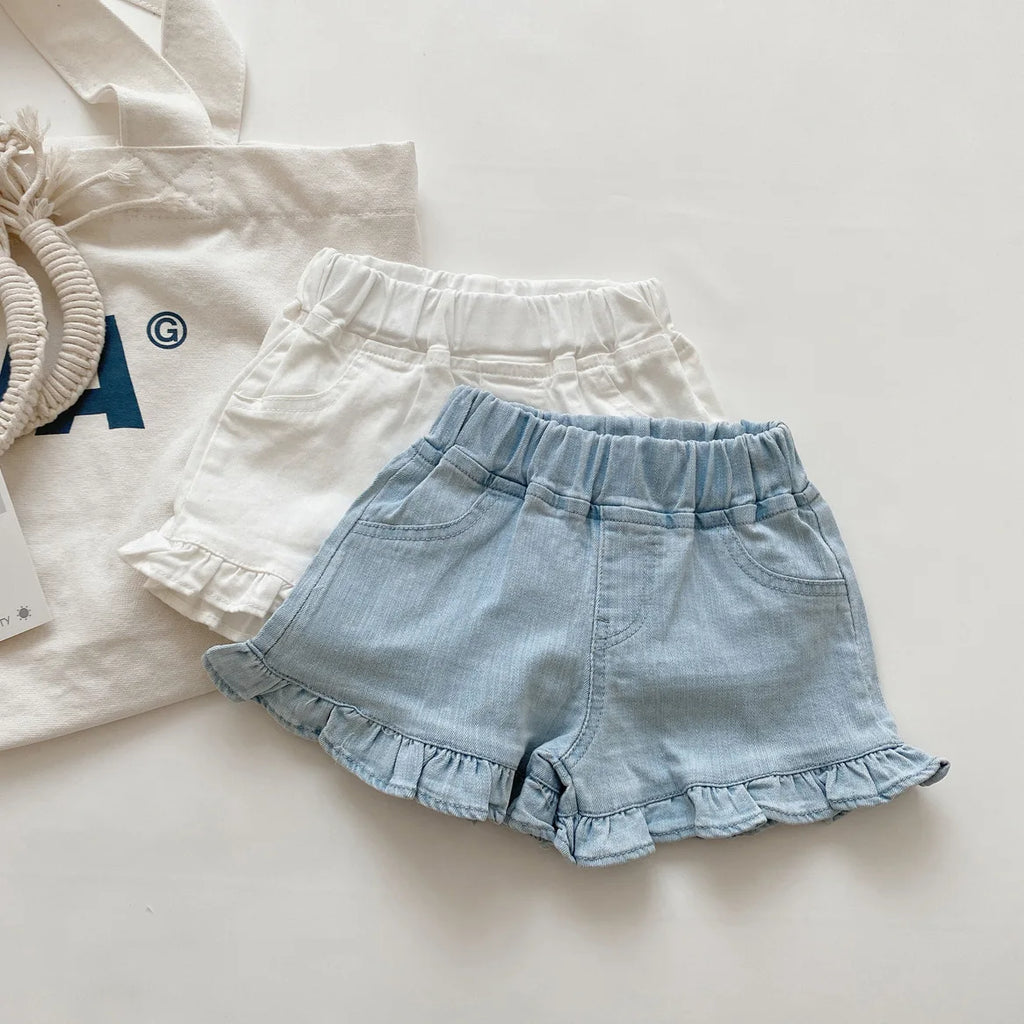 2025 New Kid's Shorts Fashion Girls Summer Denim Ruffle blue Jeans 2-7Y Children's Casual Daily Wear Pants
