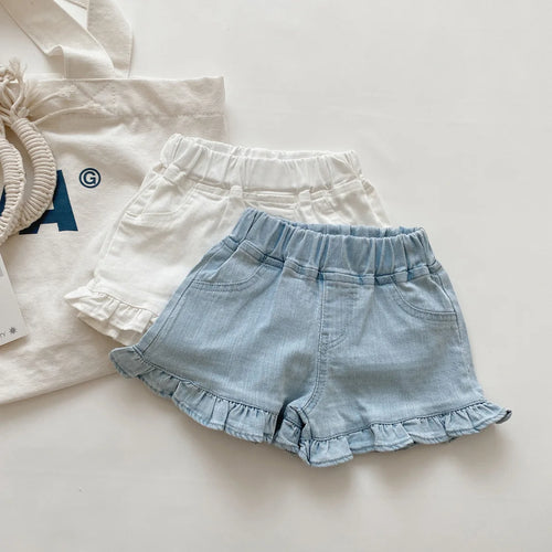 2025 New Kid's Shorts Fashion Girls Summer Denim Ruffle blue Jeans 2-7Y Children's Casual Daily Wear Pants