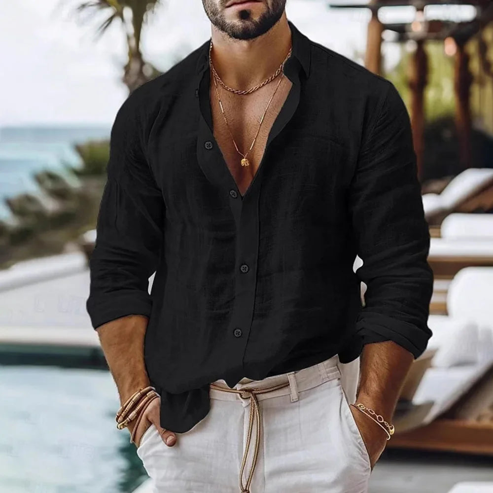 Cotton Linen Shirt for Men Summer Beach Style Solid Color Single Breasted Breathable Shirts Lightweight Stylish Button Tops