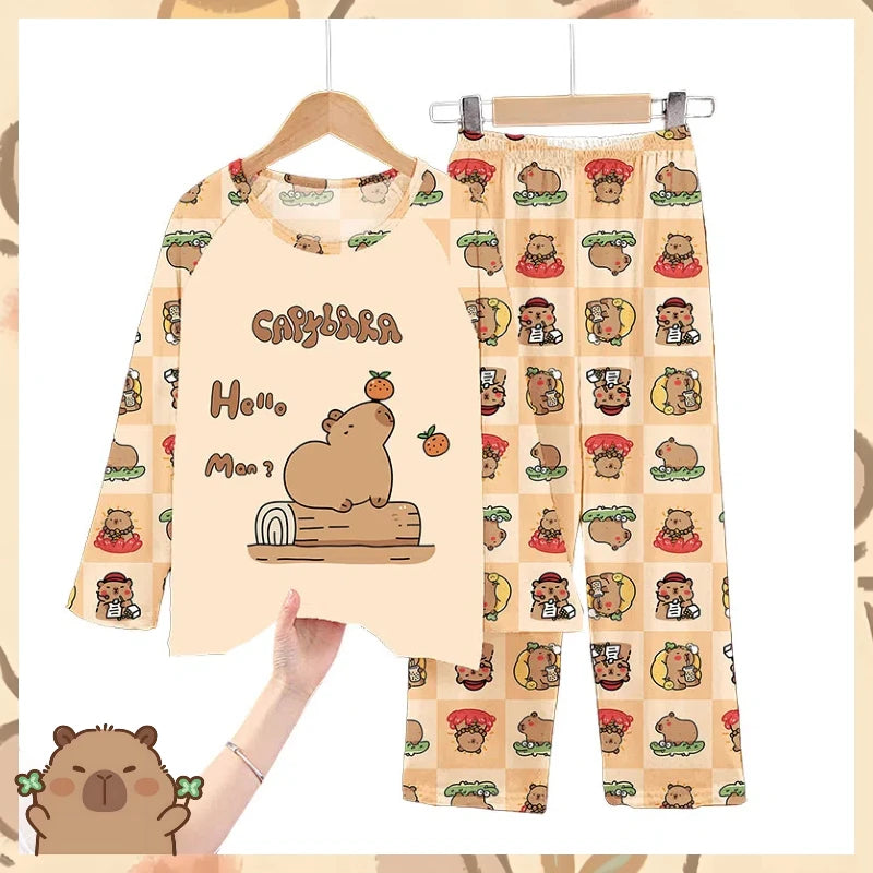 Capibara Kids Pajama Sets Long Sleeve Loungewear with Cute Animal Print Soft Sleepwear for Boys/Girls Cartoon Sleep Pants Outfit