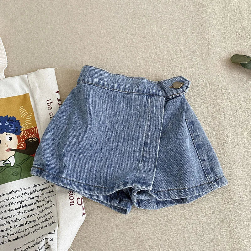 Korean Fashion New Summer Kids Girl Skirt Shorts Solid Elastic Waist Button Soft Denim Culotte Children Versatile Clothing