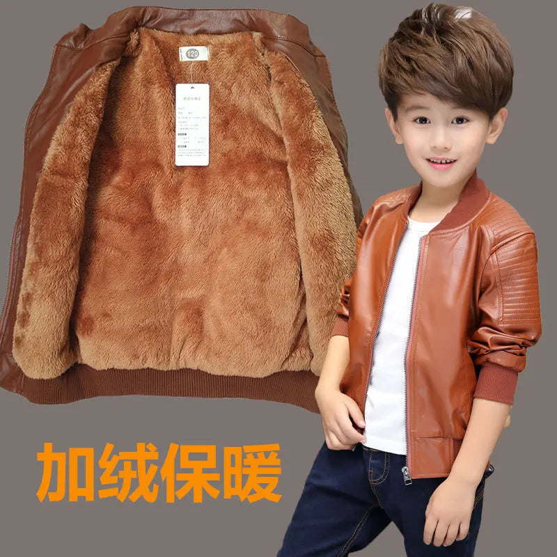 Kids Plus Velvet PU Leather Jacket (2–14Y)