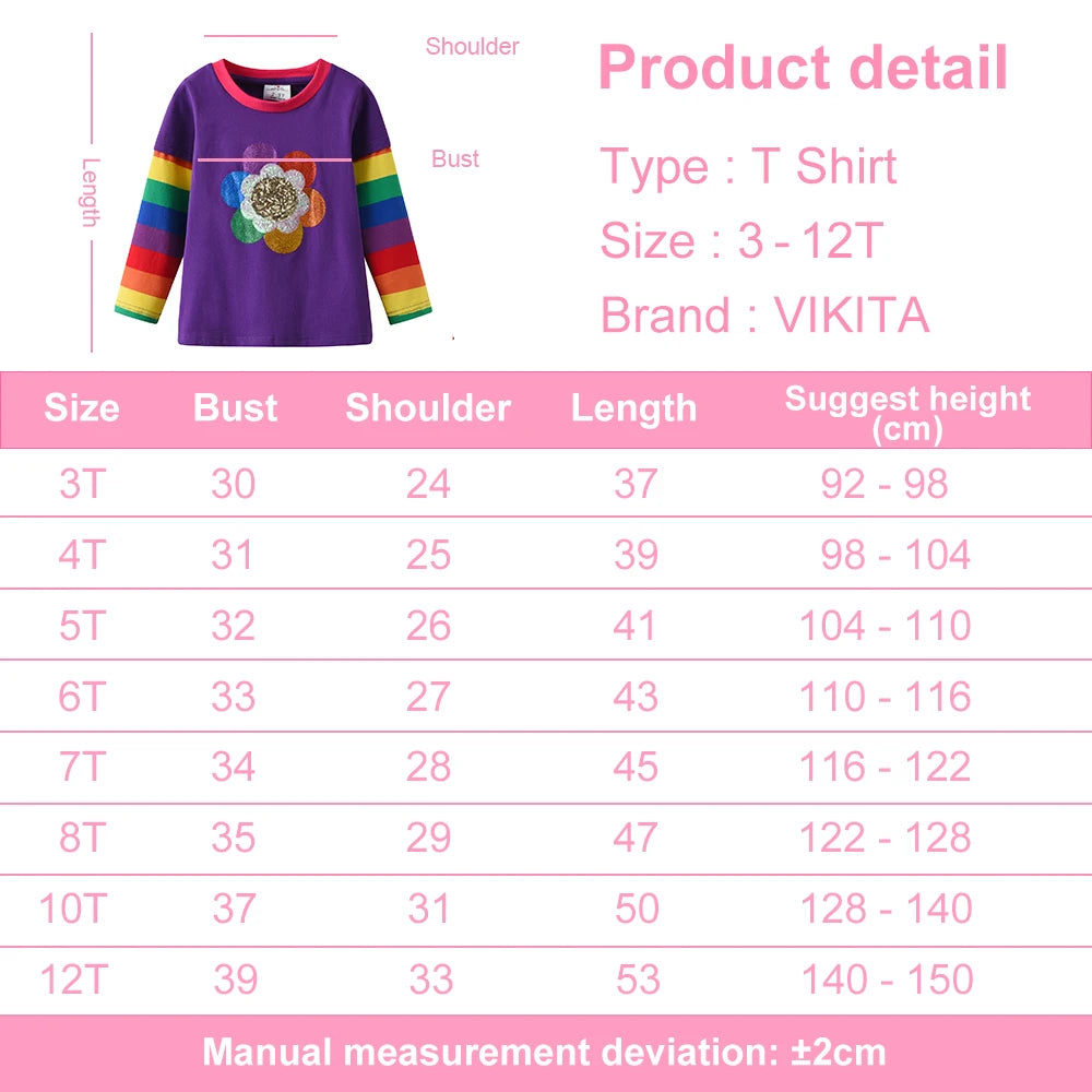 Girls Purple Long Sleeve Tops Kids Rainbow Striped Sleeves Cotton Casual Soft Cozy T Shirt Girls Flower Sequined Colorful Tees