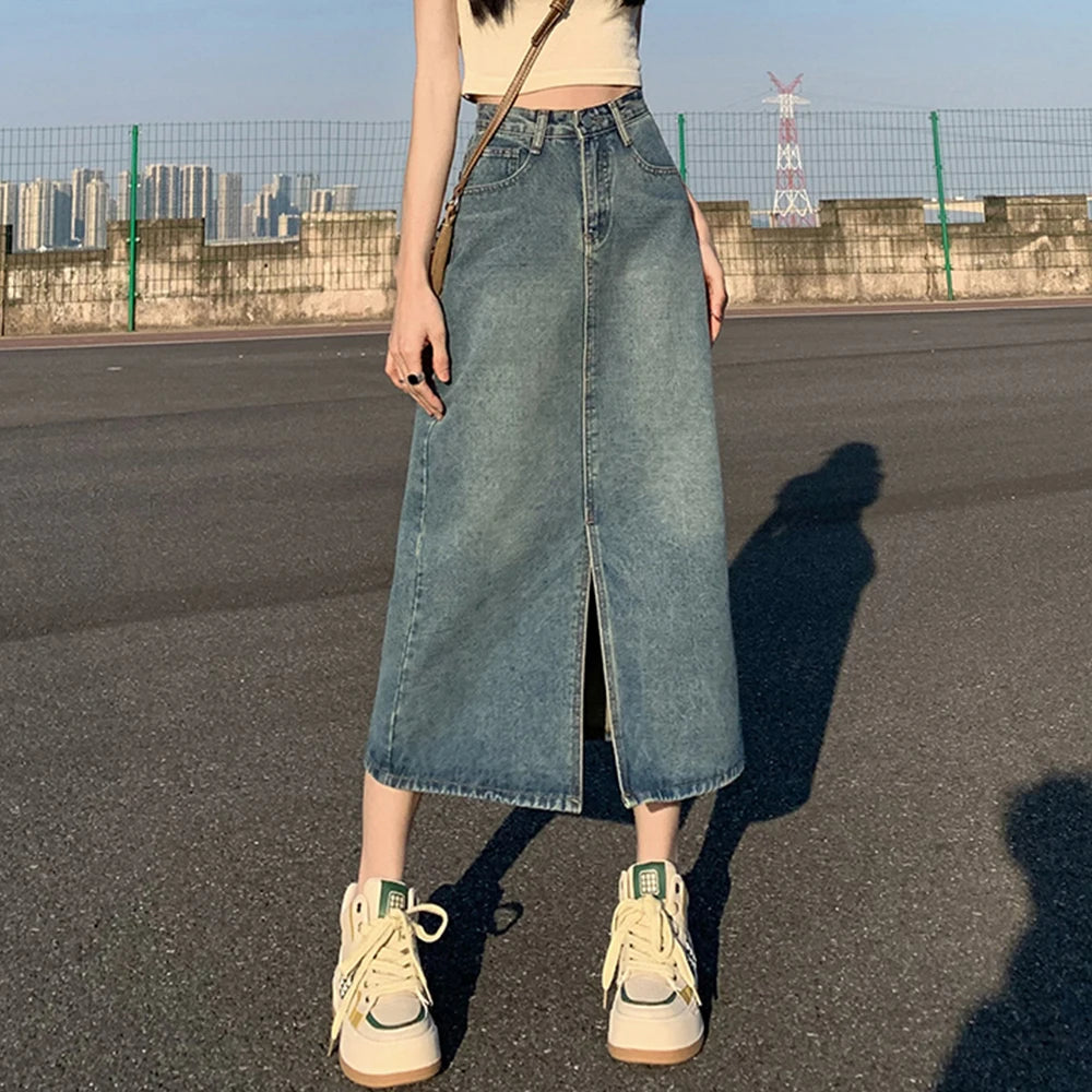 High-Waist Denim A-Line Maxi Skirt