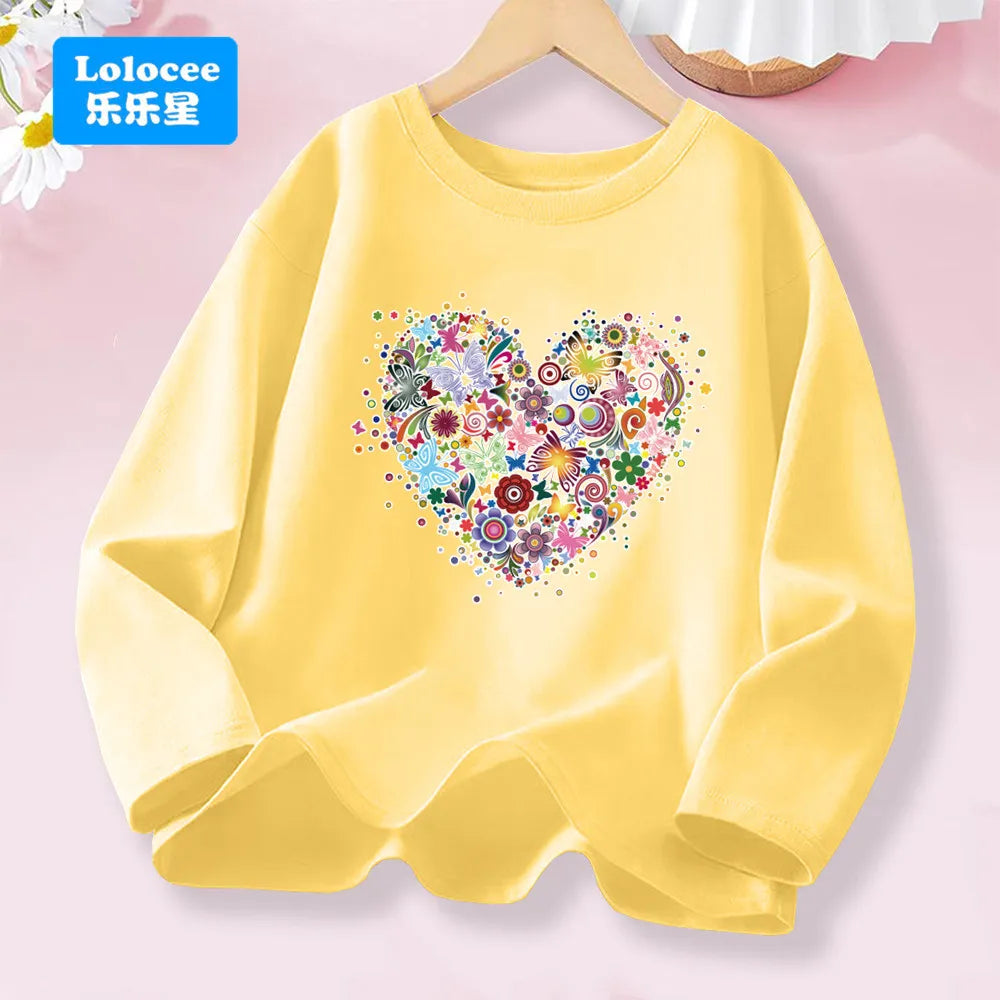 Little Girl Spring Autumn T-shirts Girls Sweet Heart Long Sleeve Tee Tops For Kids Cotton Daily Wear