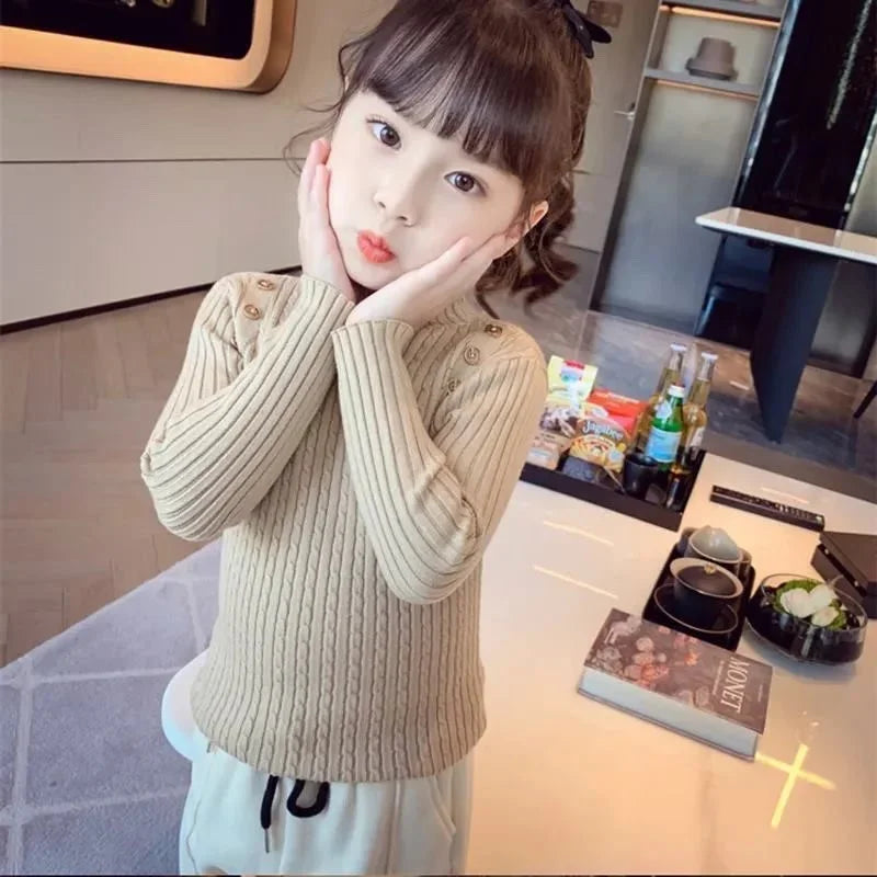Girls Sweater Winter Decorative Buttons High Neck Solid Color Bottom Shirt Multicolour Children High Elasticity Knit Pullover
