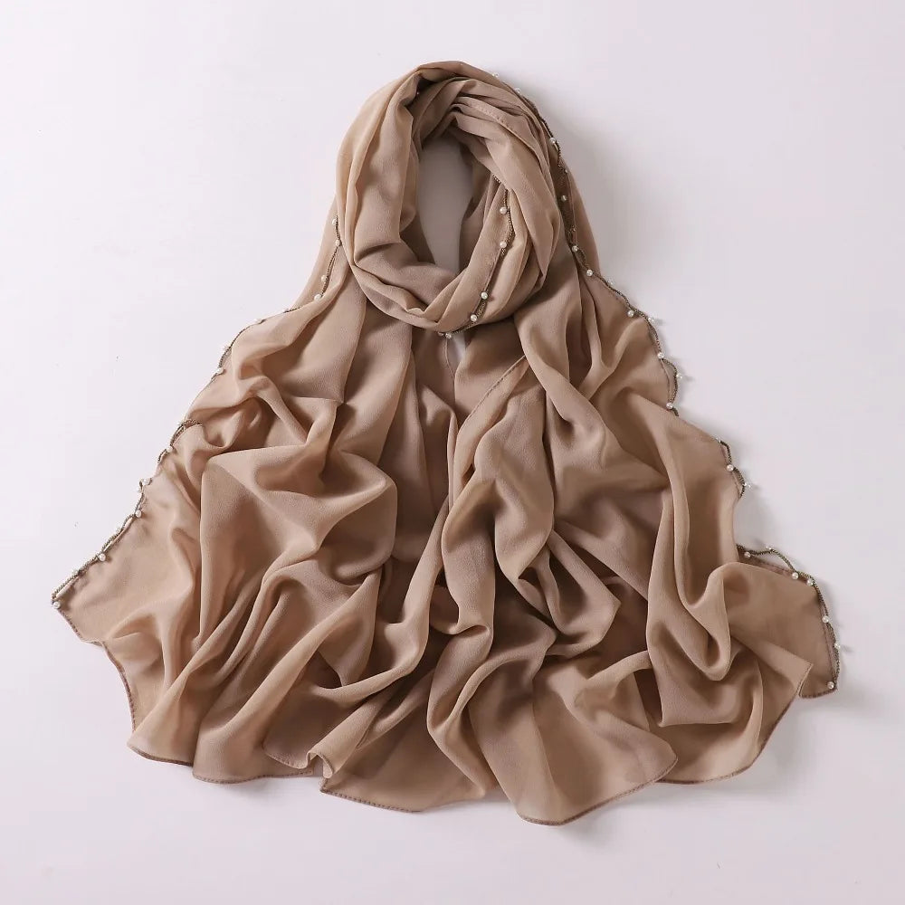 Luxury Beads Islamic Turban Pearls Chiffon Wraps Shawl Long Bandana Malaysia Headscarf Women