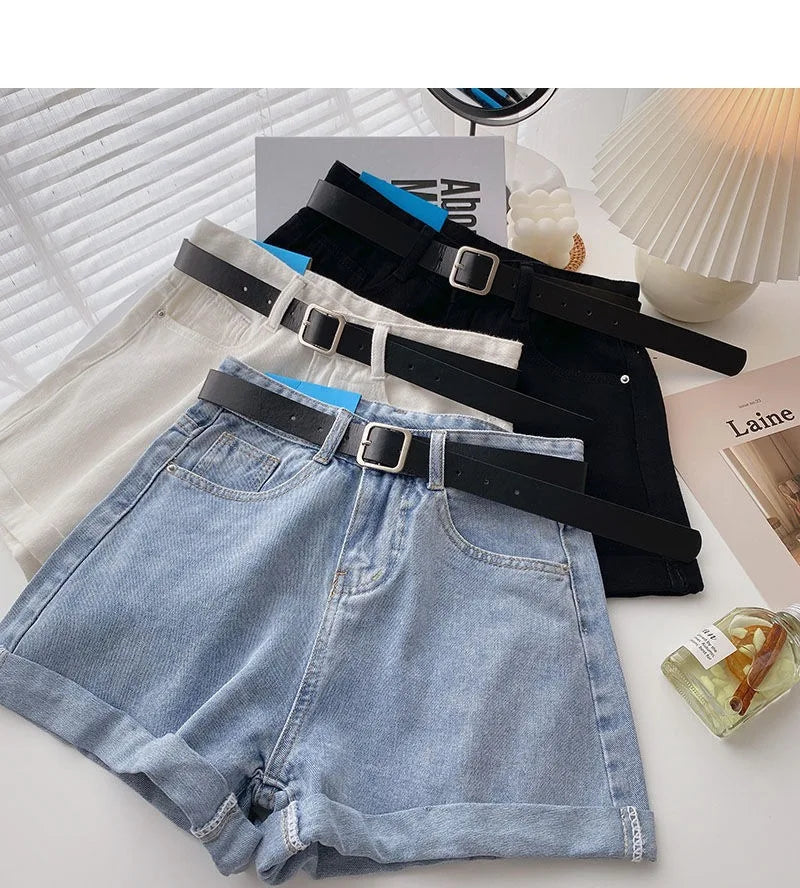 Summer Wide Leg High Waist Denim Shorts With Belt Women Korean Fashion Pocket Hot Pants Streetwear Casual Cowboy Jeans Shorts