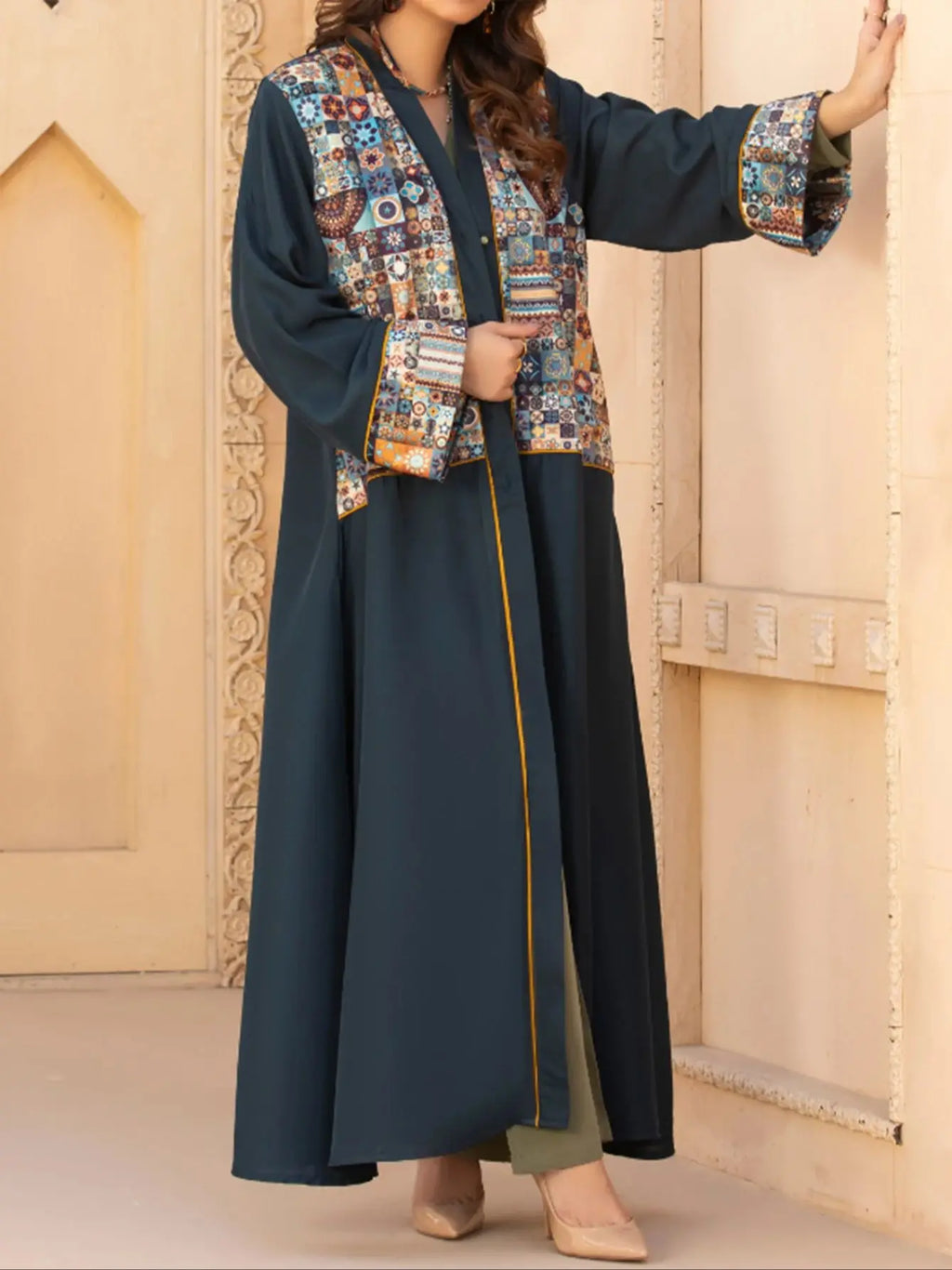 Middle Eastern Muslim Fashion Women's Printed Long-Sleeved Loose Elegant Arabic Cardigan Robe Abaya