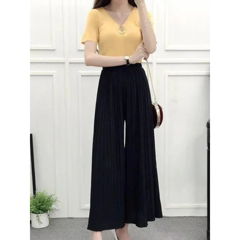 Summer New Women's Pants Korean Fashion Solid Elastic Waist Pleated Loose Skirt Pants Plus Size Casual Wide-leg Cropped Pants