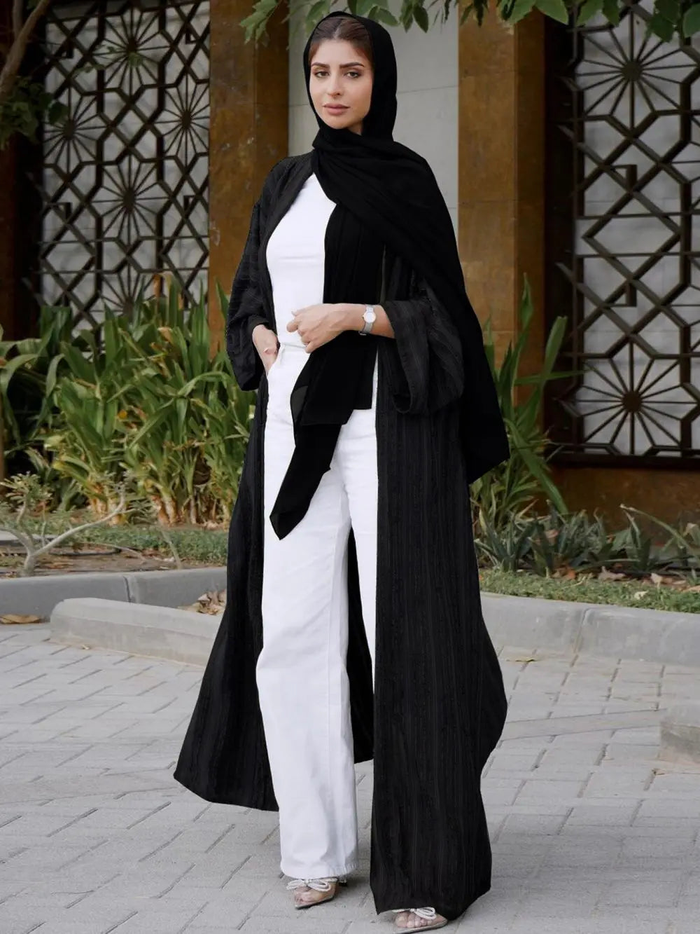 2025 Dubai Muslim Open Black Abaya Striped Retro Ethnic Cardigan Robe Dubai Middle Eastern Saudi Arabia Eid Clothes Black