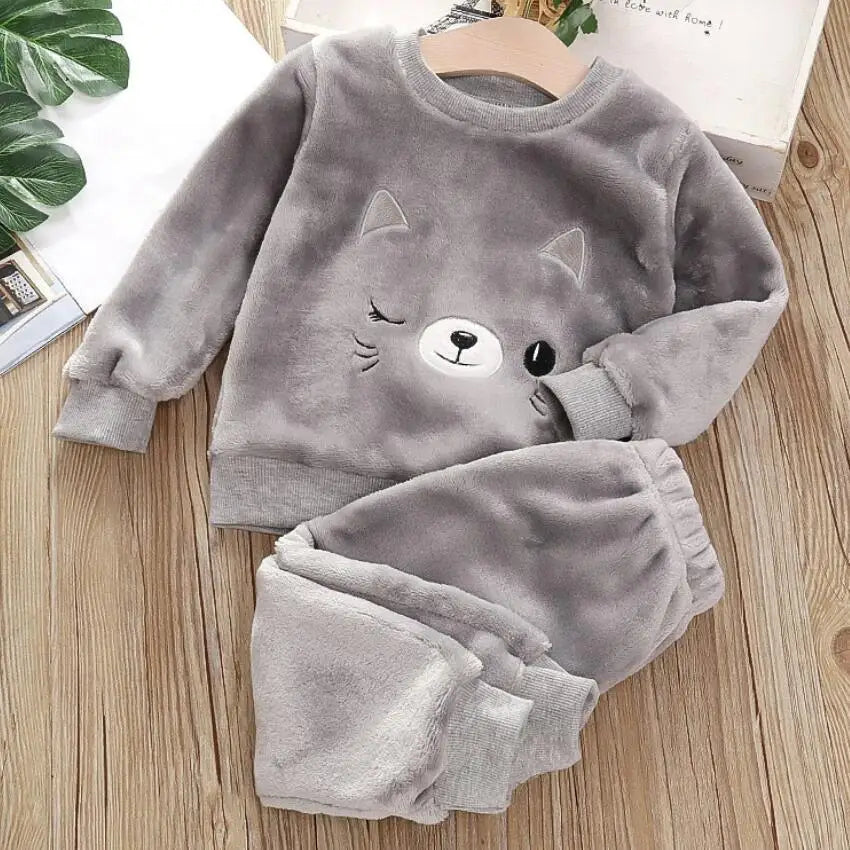Boys Coral Fleece Pajama Sets Plus Velvet Thick Flannel Homewear Children Winter Warm Sleepwear Suit 2Pcs Girls Pantsuit