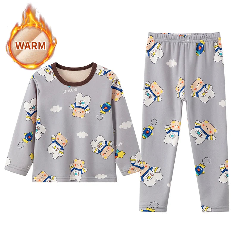 2-piece winter plus velvet children's cute printed pattern long-sleeved trousers for boys and girls Joker pajamas home service s