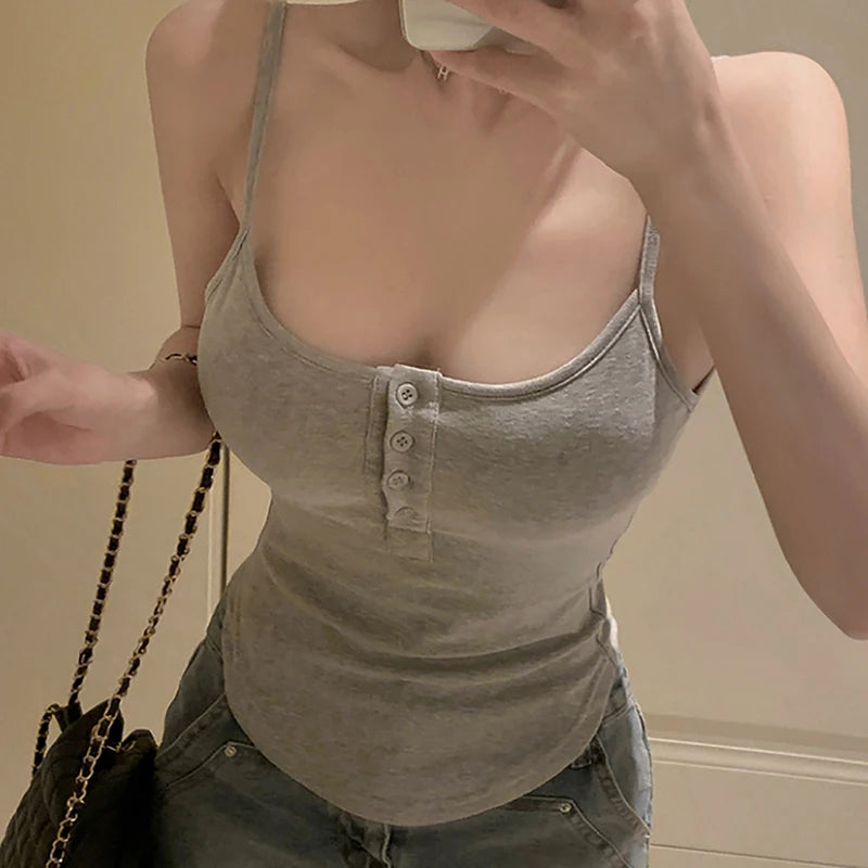 1pcs Summer Solid Color Button Irregular Camisole Hotsweet Women Sleeveless Slim Tank Top