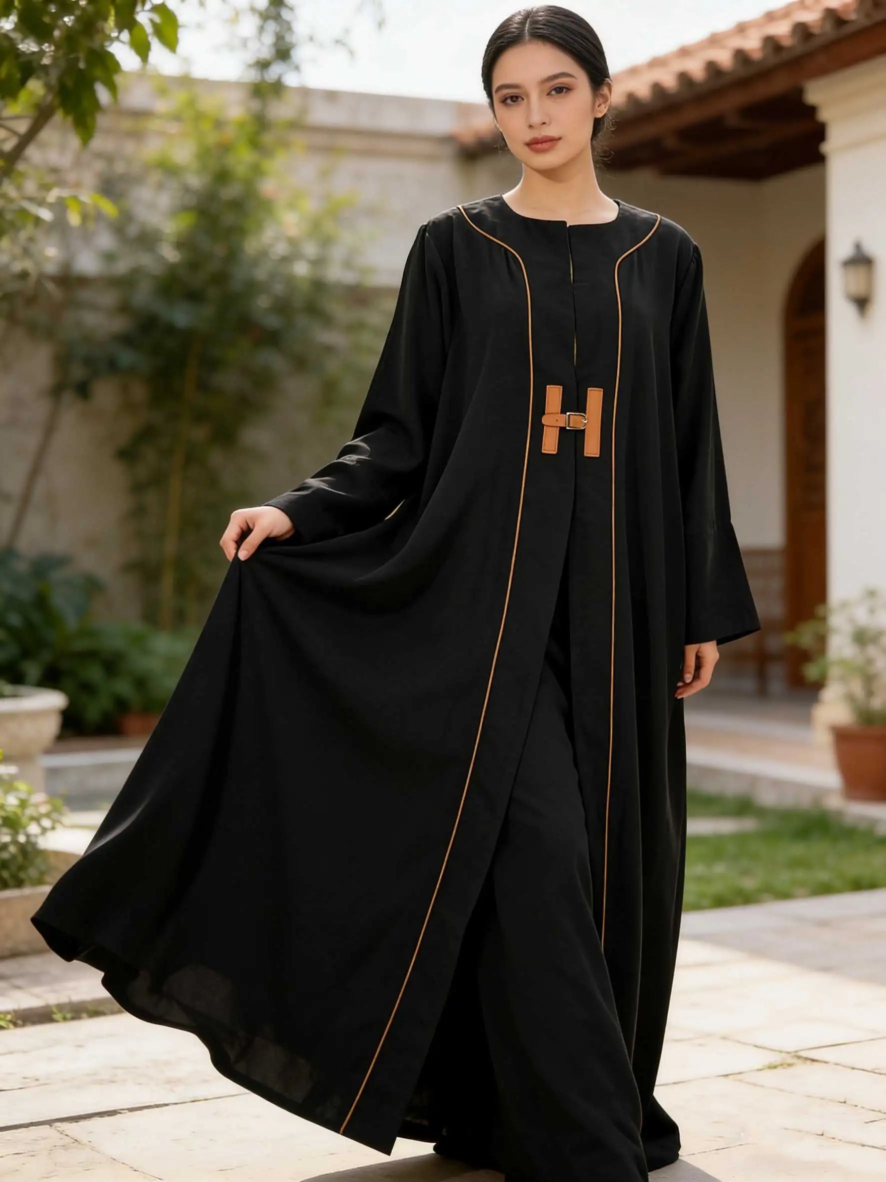 Chic Black Abaya Leather Buckle Detail Long Sleeve Maxi Dress Women Muslim Moroccan Kaftan Ramadan Islam Dubai Arabic Robes 2026