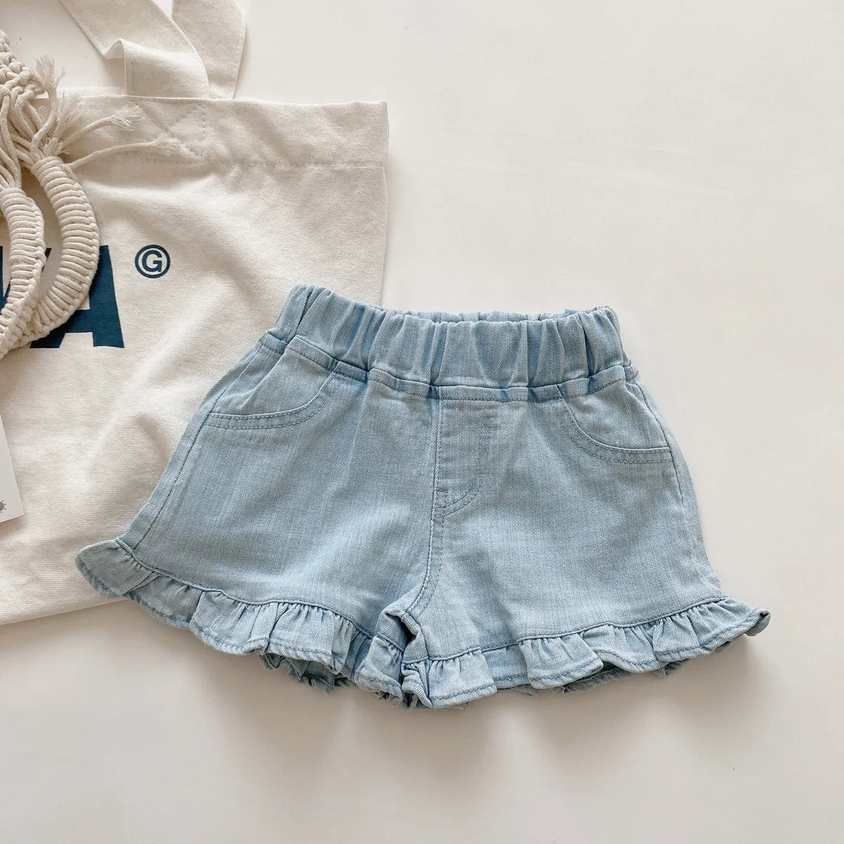 2025 New Kid's Shorts Fashion Girls Summer Denim Ruffle blue Jeans 2-7Y Children's Casual Daily Wear Pants