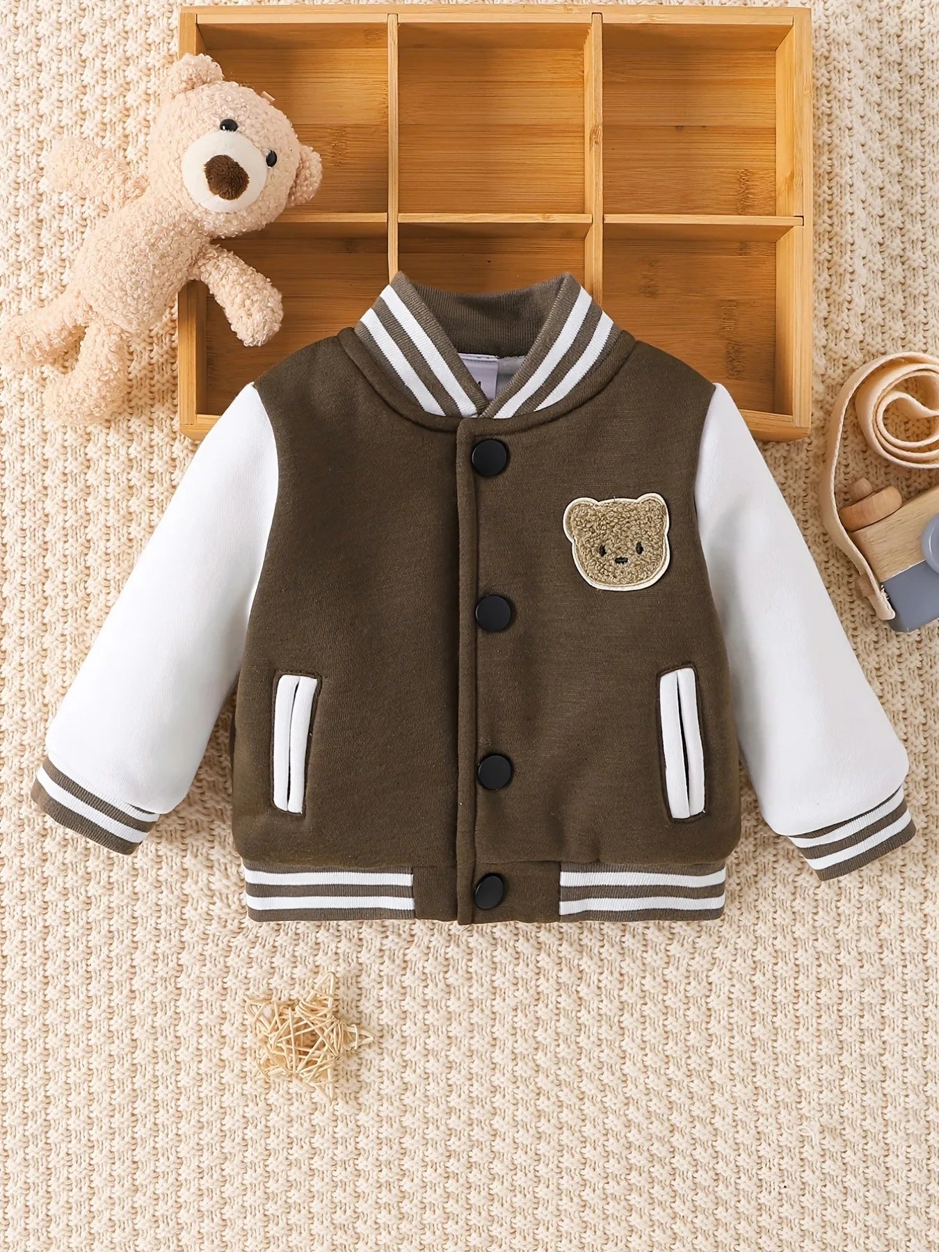 Boys Girls Baseball Jacket Infant Single Breasted Cute Embroidered Bear Head Kids Spring Fashion Jacket 3-6-9-12-24M