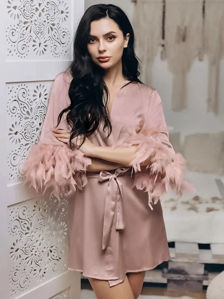 White Feather Robe With Fur Full Sleeves Sleepwear Satin Robes For Women Nightgown Bride Robe Gown Dress Bathrobe Female