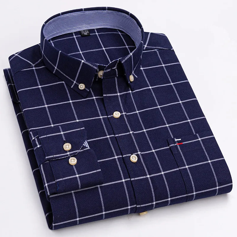Men's 100% Cotton Shirt Long Sleeve Plaid Oxford Casual Solid Color Print Regular Fit Formal Dress Shirt Oversized 7XL  6XL 5XL