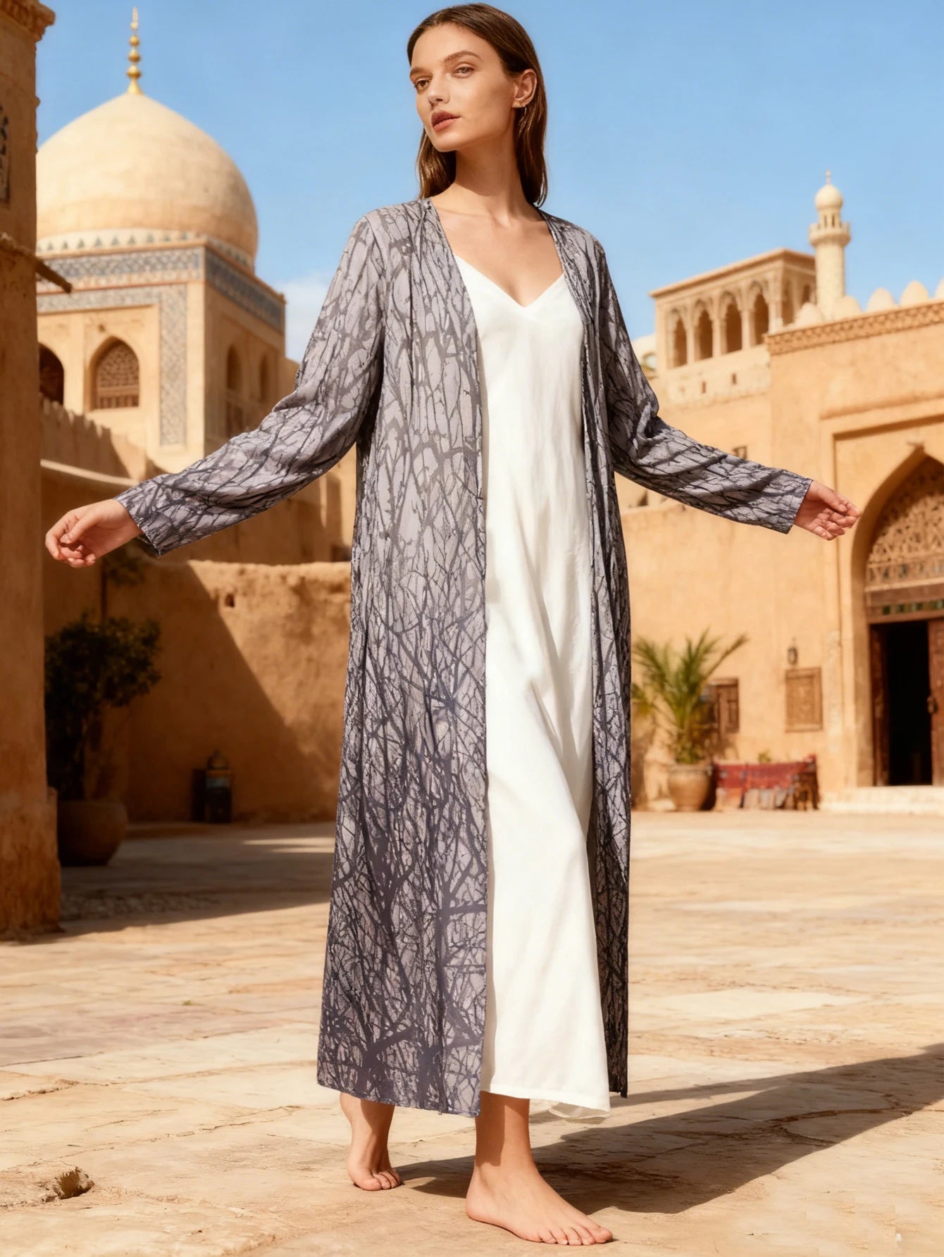 Stylish Tree Branch Print Open-Front Relaxed-Fit Long Abaya Women Muslim Moroccan Kaftan Ramadan Islam Dubai Arabic Robe 2026