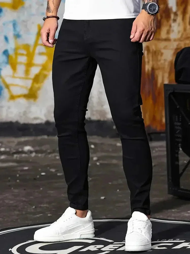 Men Jeans Stretch Skinny Denim Pants Solid Color Black Blue Spring Luxury Street Harajuku Hip-Hop Style Slim Fit Trousers Brand